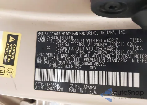 2012 Toyota Highlander Base V6 из США, поврежденный, VIN 5TDBK3EH2CS141737